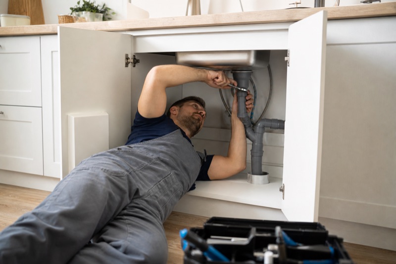 Plumber repairing a leaking drain pipe under a kitchen sink